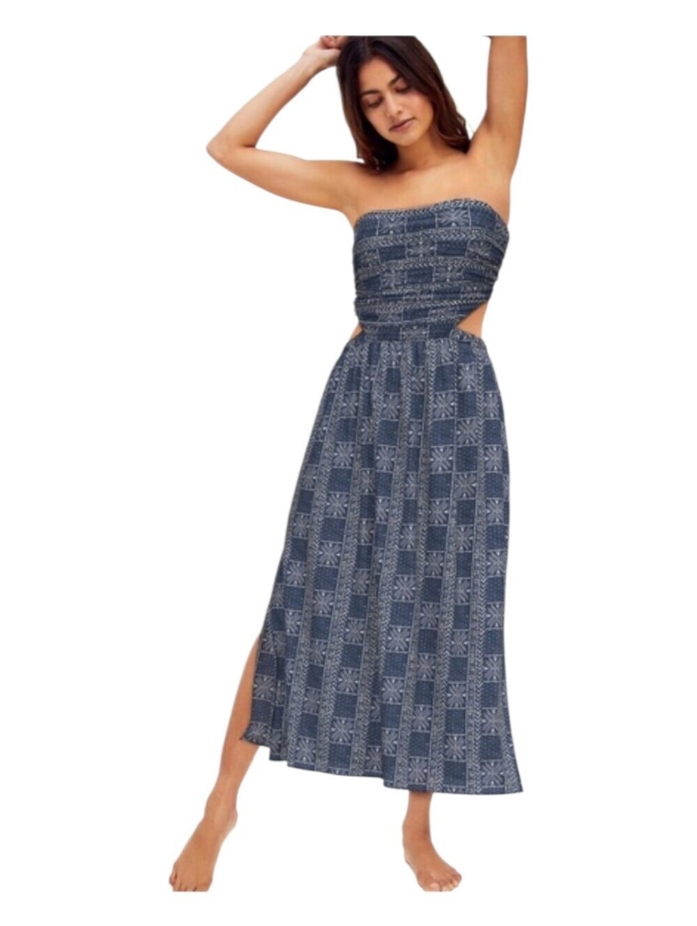 FREE PEOPLE navy blue and cream Payton strapless open back maxi dress M